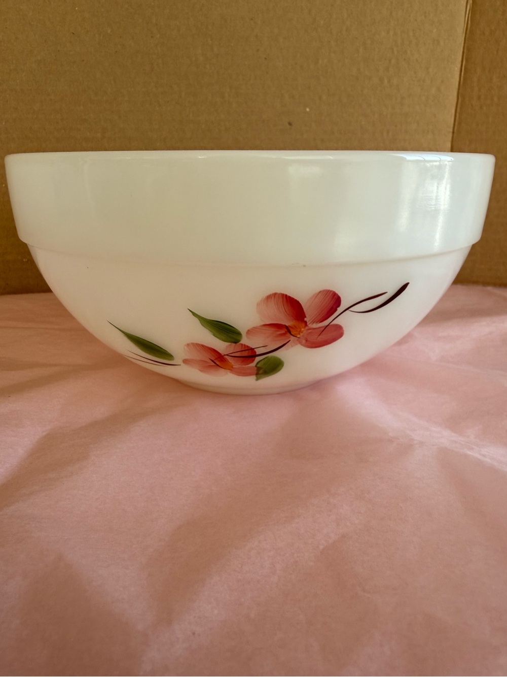 Vintage Fire-King Milk Glass White Mixing Bowl Pink Floral Hand Painted 1950's